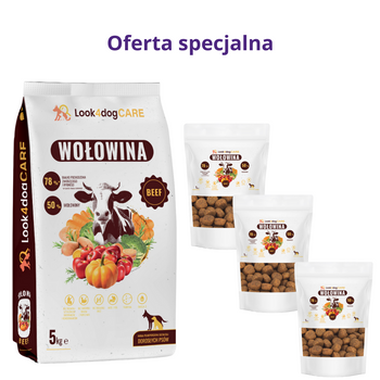 Zestaw: Karma dla psa Look4dog CARE Wołowina bez zbóż i kurczaka 5 kg+3x1kg