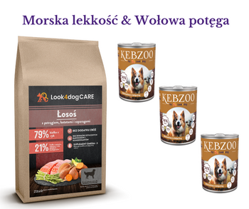 Zestaw: sucha karma Look4dog CARE Łosoś i pstrąg 6 kg + 3x400 KEBZOO