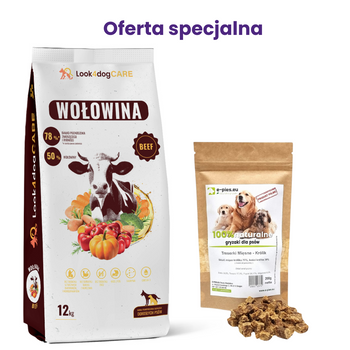 Zestaw: karma Look4dog CARE wołowina + treserki królik GRATIS