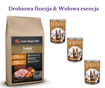 Zestaw: sucha karma Look4dog CARE indyk 6kg + mokra karma KEBZOO 3x400g