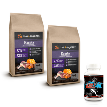 Zestaw: karma sucha Look4dog CARE kaczka 2PAK: 2x2kg + KRILL OIL