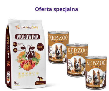 Zestaw: Karma sucha Look4dog CARE wołowina 5kg + 3x400g KEBZOO karma mokra