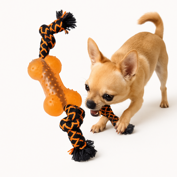Zabawka dla psa sznur i gumowa kość pomarańczowa