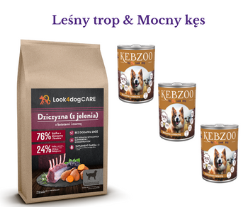 Zestaw: karma sucha Look4dog CARE jeleń 6kg + karma mokra KEBZOO 3x400g