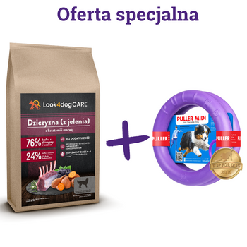 Zestaw: karma Look4dog CARE dziczyzna + PULLER MIDI