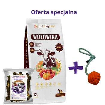 Zestaw: karma Look4dog CARE Wołowina 12 kg+żwacze - piłka GRATIS