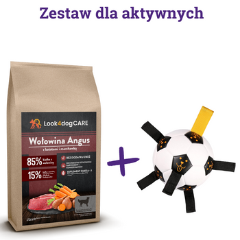 Zestaw dla aktywnych karma Look4dog CARE Wołowina Angus 12 kg + piłka
