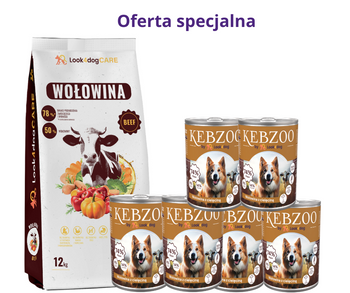 Zestaw: karma sucha Look4dog CARE wołowina 12kg + 6x400g mokra karma KEBZOO