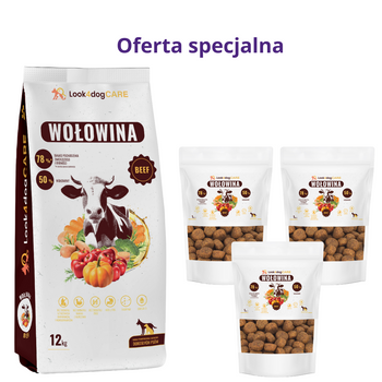 Zestaw: Sucha karma Look4dog CARE Wołowina bez zbóż i kurczaka 12 kg+3x1kg
