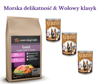 Zestaw: karma sucha Look4dog CARE łosoś i pstrąg + marka mokra KEBZOO 3x400g