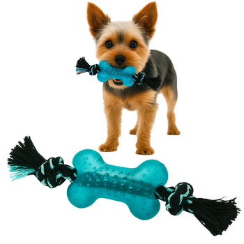 Zabawka dla psa sznur i gumowa kość niebieska