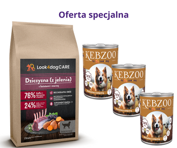Zestaw: Karma Look4dog CARE Dziczyzna 12kg + 3x400g KEBZOO