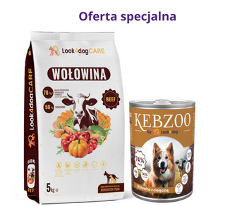 Zestaw: karma sucha Look4dog CARE wołowina 5kg + karma mokra KEBZOO 400g