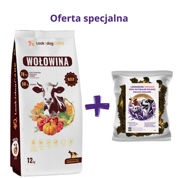 Zestaw: karma Look4dog CARE Wołowina 12 kg+żwacze wołowe 250g