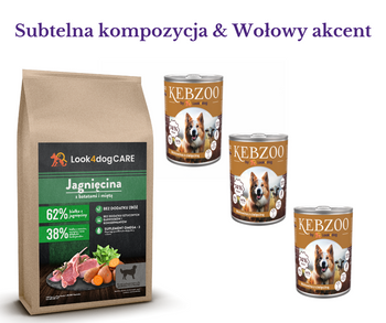 Zestaw: karma sucha Look4dog CARE jagnięcina 6 kg + 3x400g KEBZOO